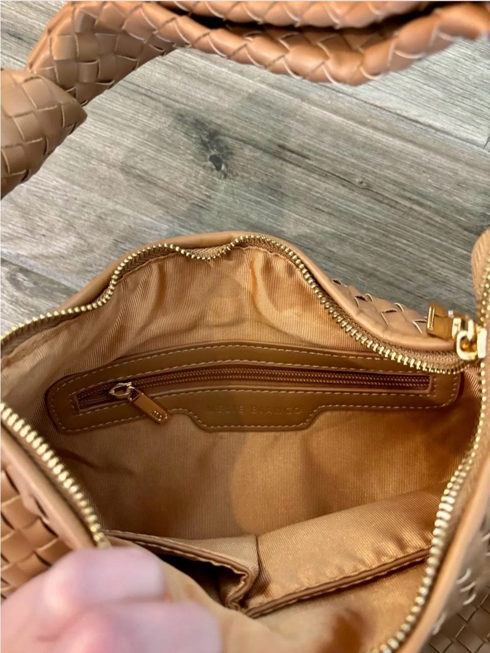Melie Bianco Brown Knotted Woven Hobo Bag